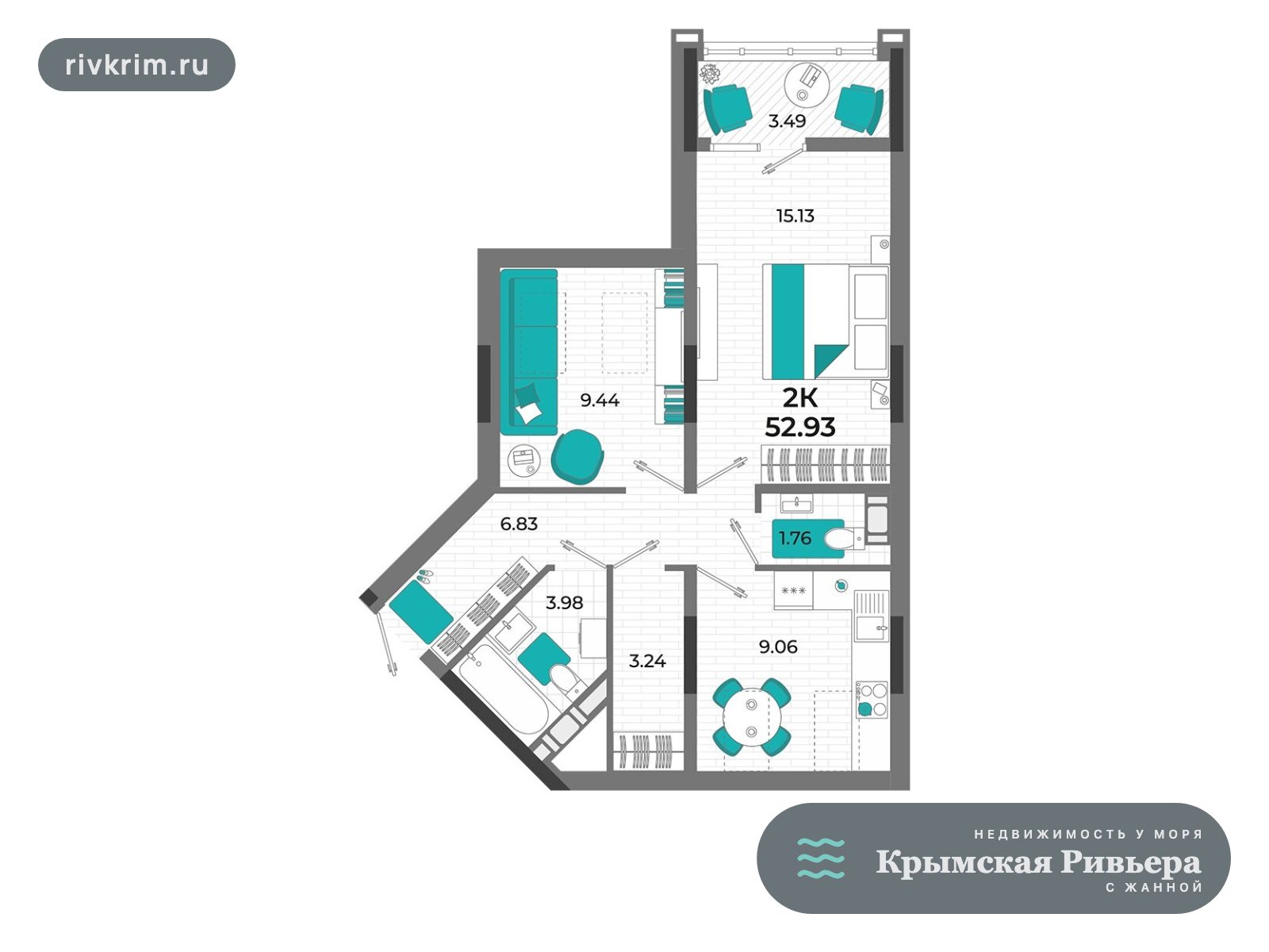 Евпатория ЖК "Мойнако Ривьера" 2-комнатная квартира 53 м²